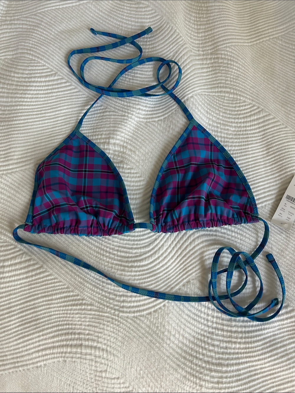 J. Crew Reversible Plaid Triangle Bikini Top in Blue & Purple NWT